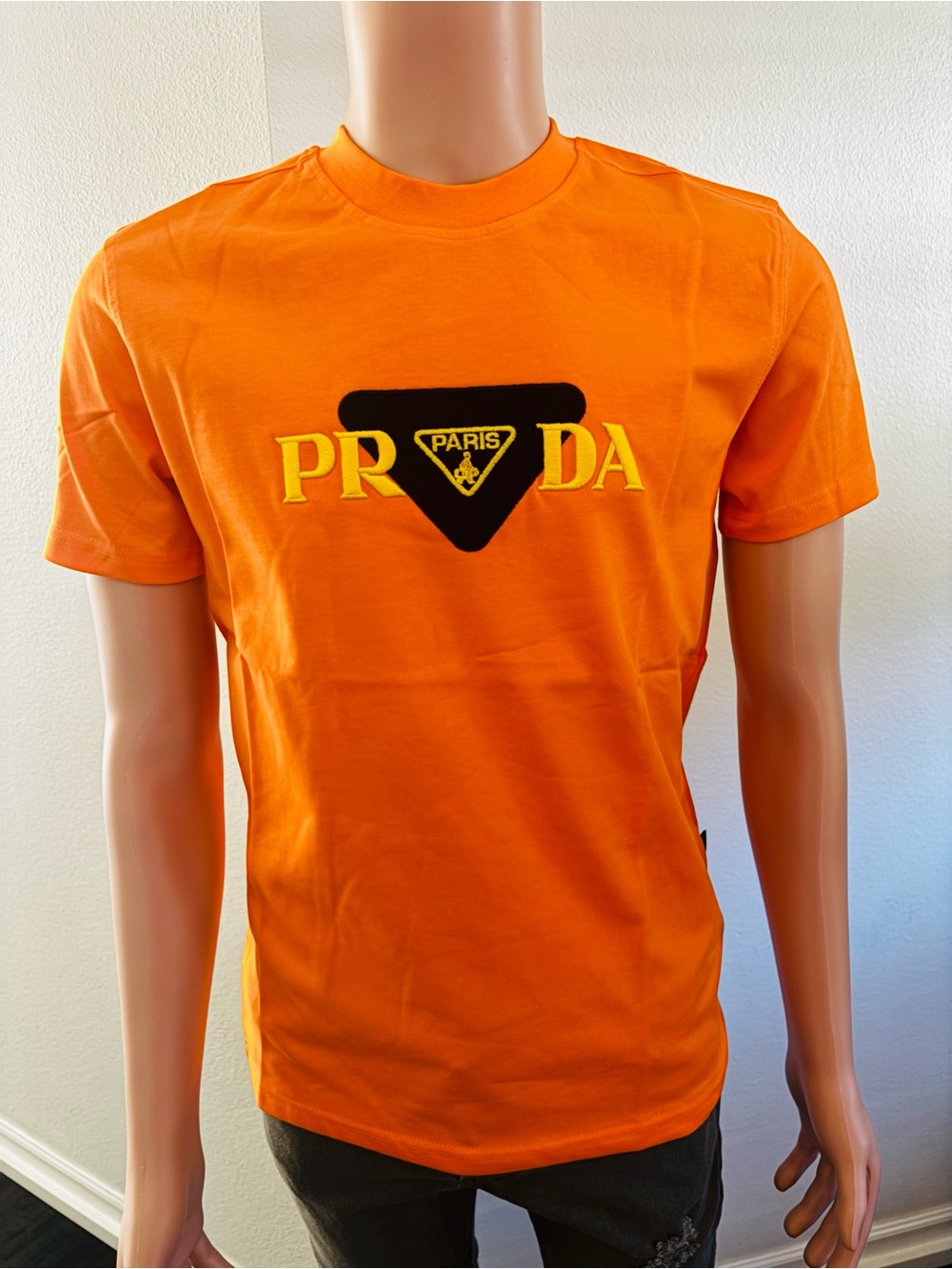 Prada Orange Short-Sleeve Tee with Black and Yellow Logo